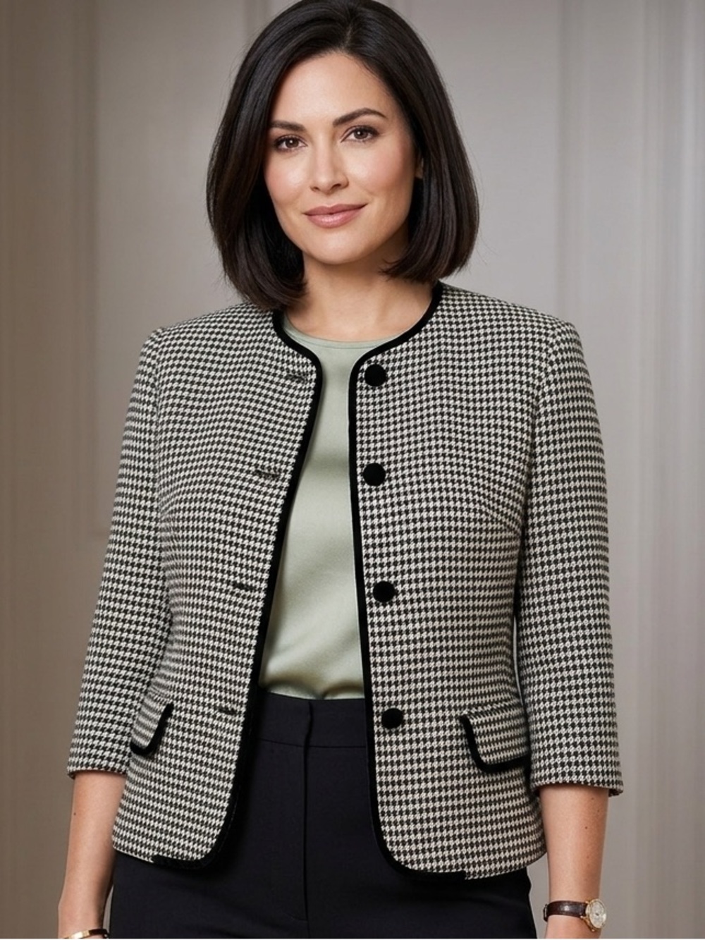 TALBOTS Houndstooth Blazer size 10 Workwear Classic 66%Worsted Wool and 34%Rayon